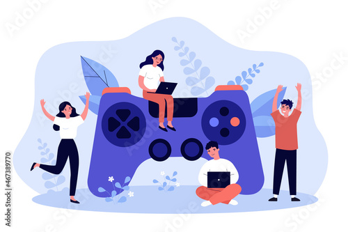 Tiny people with gamepad playing video games on console. Male and female gamers gaming flat vector illustration. Entertainment, gamification concept for banner, website design or landing web page