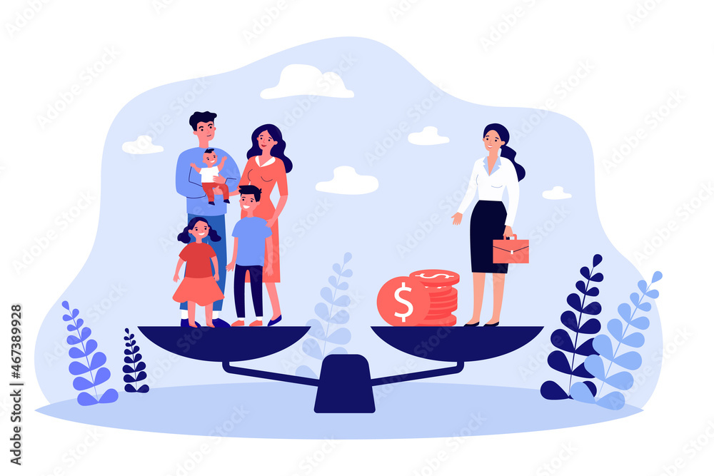 Family with kids and businesswoman standing on scales. Choice between maternity and career for woman flat vector illustration. Life comparison concept for banner, website design or landing web page