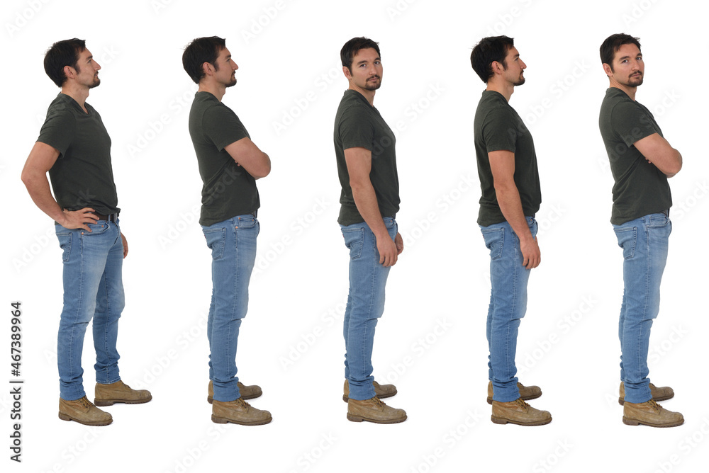 side view of same man with various poses on white background side view of same man with various poses on white background