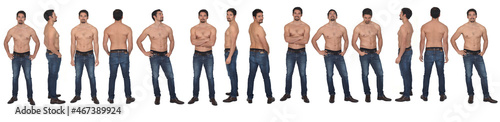 line of large group of same man shirtless on white background