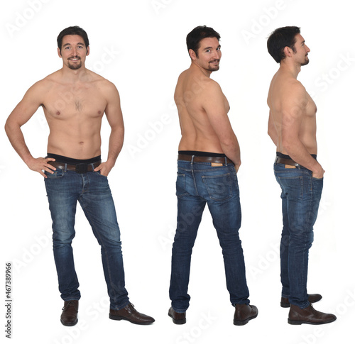  group of same man mashirtless front,back and side view on white background