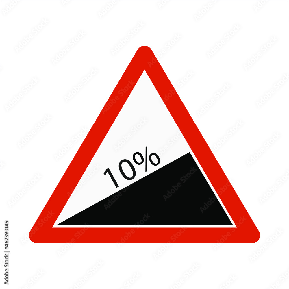 Steep Slope 10% Gradient Warning Road Sign Isolated Vector Steep Slope 10% Gradient Warning Road Sign Isolated Vector