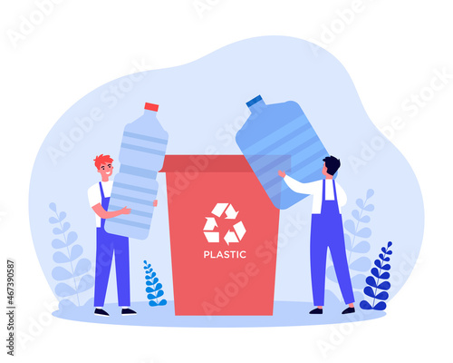 Volunteers putting plastic bottles into container together. Tiny people sorting garbage flat vector illustration. Protection of environment concept for banner, website design or landing web page