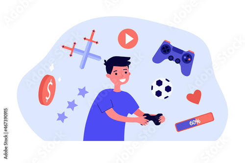 Boy gamer playing with gamepad online. Top rating of digital games for children flat vector illustration. Console game development, entertainment concept for banner, website design or landing web page