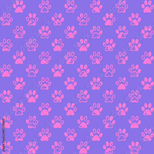 Paw prints in violet and pink, a seamless background pattern