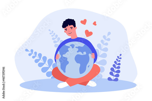 Boy holding globe in hands with love. Male child hugging planet with hearts flat vector illustration. International Earth Day, responsibility concept for banner, website design or landing web page