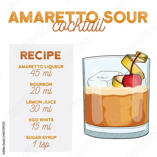 Amaretto Sour Cocktail Illustration Recipe Drink with Ingredients