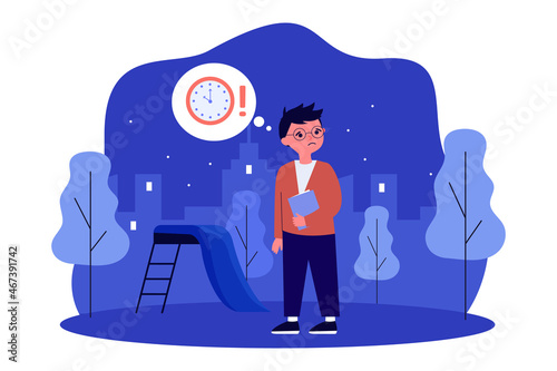 Schoolboy walking home late from school. Boy with glasses holding book flat vector illustration. Teenage time management, study overload concept for banner, website design or landing web page