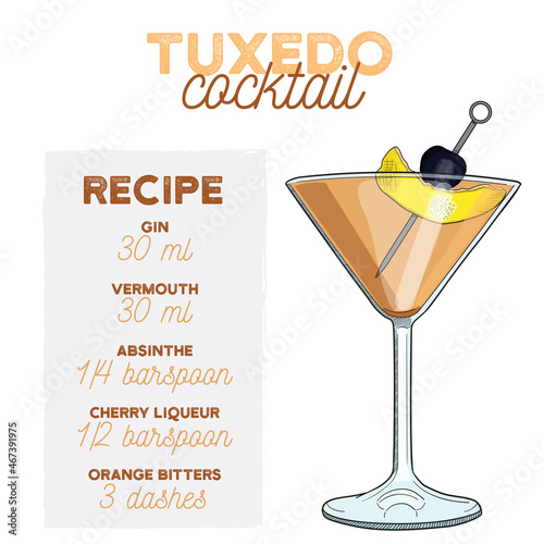 Tuxedo Cocktail Illustration Recipe Drink with Ingredients