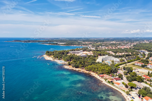 An aerial view of coastline and beaches in Porec  Istria  Croatia