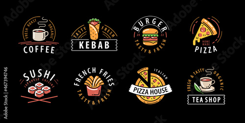 Food and drink set of labels on black background. Decorations for restaurant or cafe menu
