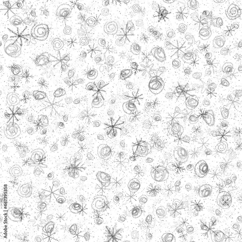 Hand Drawn Snowflakes Christmas Seamless Pattern. Subtle Flying Snow Flakes on chalk snowflakes Background. Amusing chalk handdrawn snow overlay. Incredible holiday season decoration.