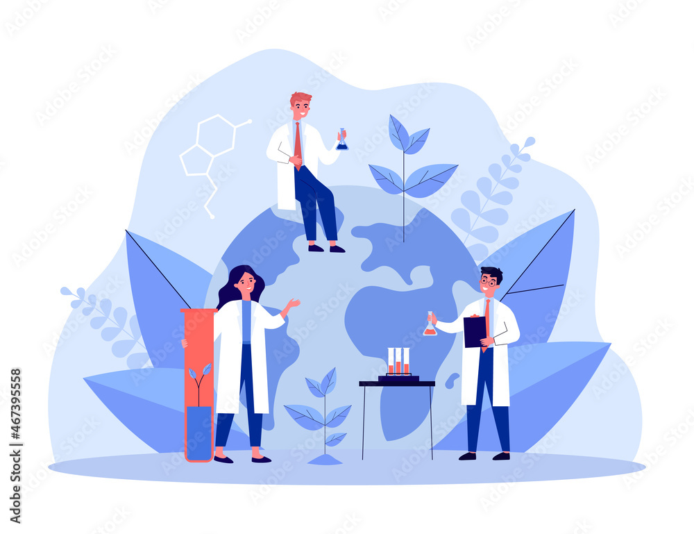 Scientists growing sprouts of plants in laboratory flasks. Environmental chemical research of people flat vector illustration. Ecology, science concept for banner, website design or landing web page Scientists growing sprouts of plants in laboratory flasks. Environmental chemical research of people flat vector illustration. Ecology, science concept for banner, website design or landing web page