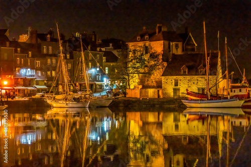 Night Sailboats Waterfront Reflection Inner Harbor Honfluer France photo