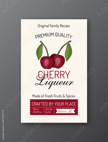 Cherry liqueur alcohol label template. Modern vector packaging design layout. Isolated photo