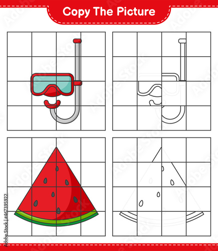 Copy the picture, copy the picture of Watermelon and Scuba Diving Mask using grid lines. Educational children game, printable worksheet, vector illustration