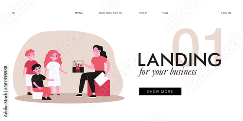 Young female teacher showing kids picture of giraffes. Woman teaching children, telling about animals flat vector illustration. Education, kindergarten, animals concept for banner, website design