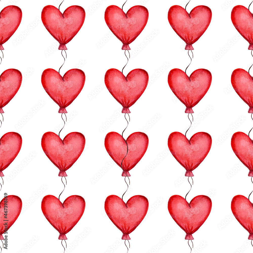 Seamless pattern with red heart shaped balloons. Valentines Day Pattern. 