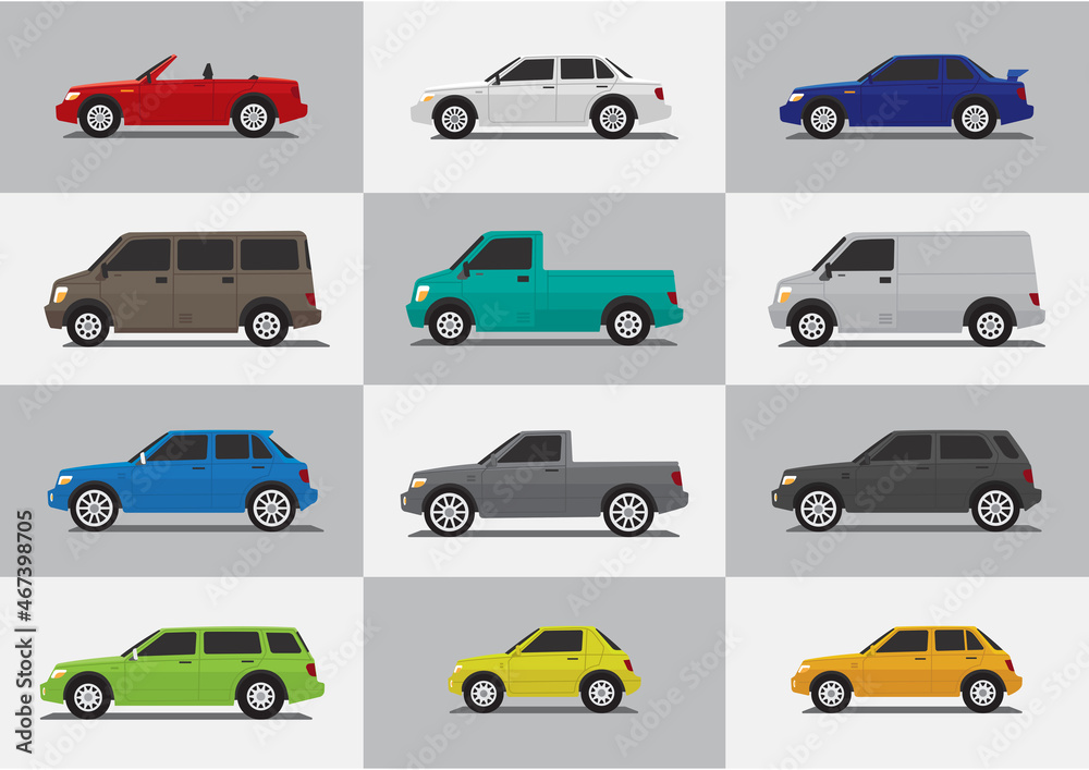 vehicles car template set elements for road or street illustration. 