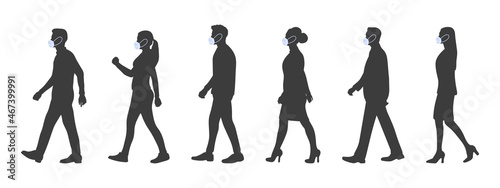 People. People walking in medical masks. Silhouettes of people in medical masks. Vector illustration