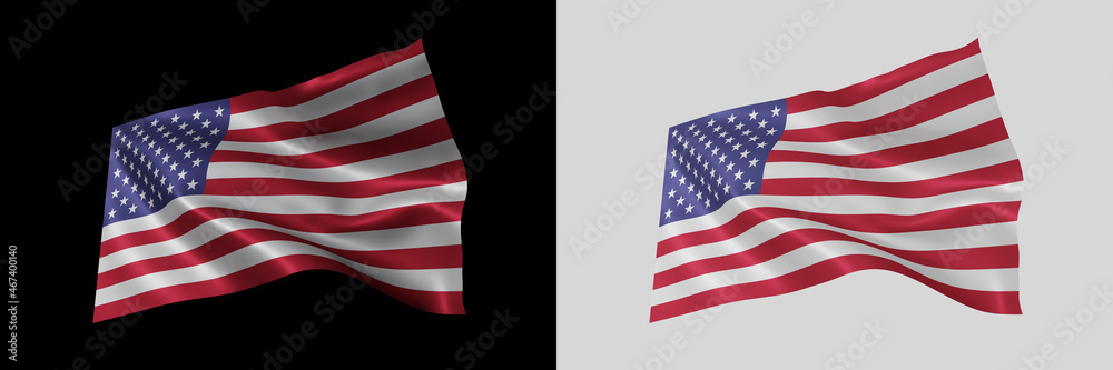 Obraz premium American waving flags isolated over black and white background. 3d illustration, 3d rendering