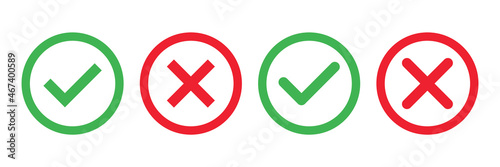 Checkmark x mark icon. Green checkmark and red x sign. Correct error vector symbol isolated on white background. Vote checkmark in circle and square box. photo