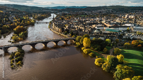 Perth, Scotland, and the River Tay in autumn colours.  Taken by drone you can see the Perth Bridges and Concert Hall