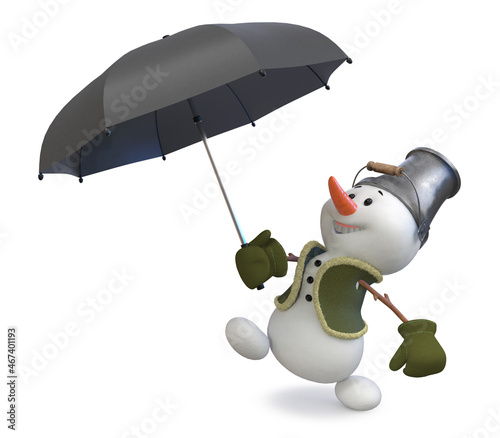 3d illustration A snowman with a umbrella and bucket on his head