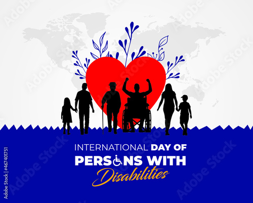 International Day of Persons with Disabilities. Men in wheel chair and man with prosthesis. Template for background, banner, card, poster. Vector illustration.