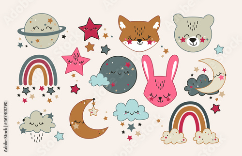 Vector hand drawn baby collection for nursery decoration with cute rainbows, clouds, moon, stars and animals. Perfect for baby shower, birthday card, clothing prints