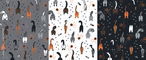 Pattern with cat , fish and paws. Simple illustration of cats in pastel colors. For textiles, wrapping paper, wallpaper or background