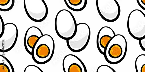 Eggs seamless background. Boiled chicken eggs in a shell and without a shell. Egg yolks.