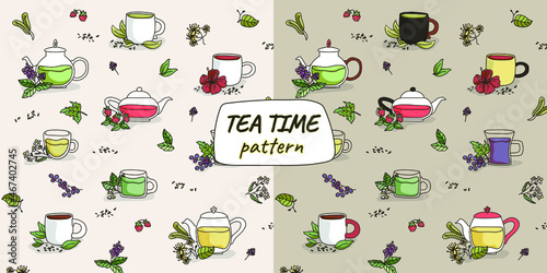 Pattern of different types of tea, teapots and cups with illustrations of plants. Wallpaper, background. Green and black tea, hyacinth. Mint, chamomile,melissa, linden, currant, strawberry.