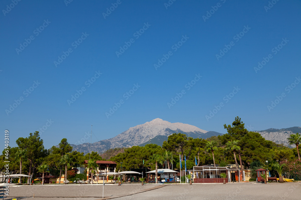 Luxurious 5-star hotel in kemer, Turkey. Is a popular tourist destination near sea with beach. WIth the highest mountain Tahtali on the background.