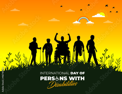 International Day of Persons with Disabilities. Men in wheel chair and man with prosthesis. Template for background, banner, card, poster. Vector illustration.