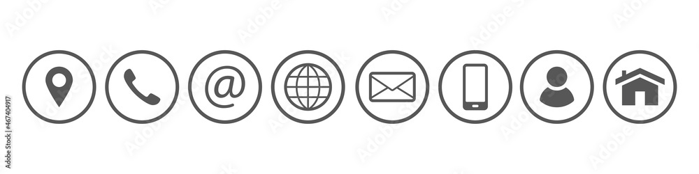 Contact us icon set vector. Contact signs via phone, mail, email, address, web page. Symbols for contact into isolated on white background Contact us icon set vector. Contact signs via phone, mail, email, address, web page. Symbols for contact into isolated on white background