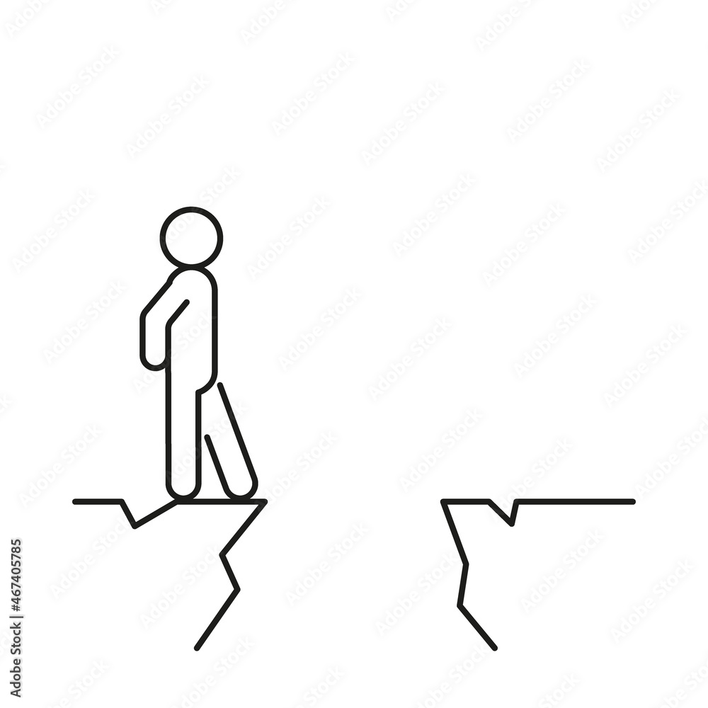 Man stands in front of cliff in uncertainty, fear future. Gap of mountain. Difficult decision, risk, challenge. Vector line illustration - obrazy, fototapety, plakaty 