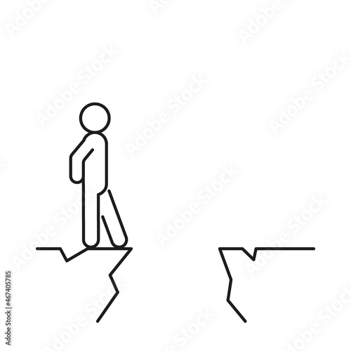 Man stands in front of cliff in uncertainty, fear future. Gap of mountain. Difficult decision, risk, challenge. Vector line illustration