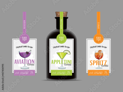 Set of cocktail labels Appletini, Aviation, Spritz. Alcohol Bottle Packaging Template. Isolated
