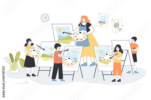 Female painter and kids in front of easels learning drawing using paintbrush. Art teacher giving lesson to children at school flat vector illustration. Painting class, art, hobby, education concept