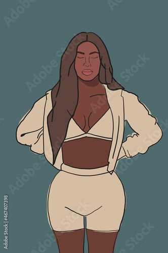 Digital illustration black woman in comfortable underwear. Concept of self love and confidence.