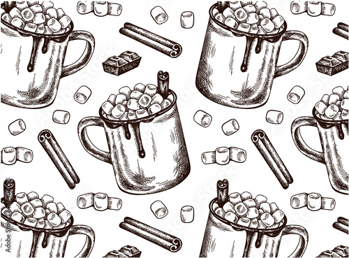Sketch drawing pattern of cup of hot chocolate with marshmallow and cinnamon isolated on white background. Line art piece of chocolate, cacao drink, Christmas mug. Menu wallpaper. Vector illustration.