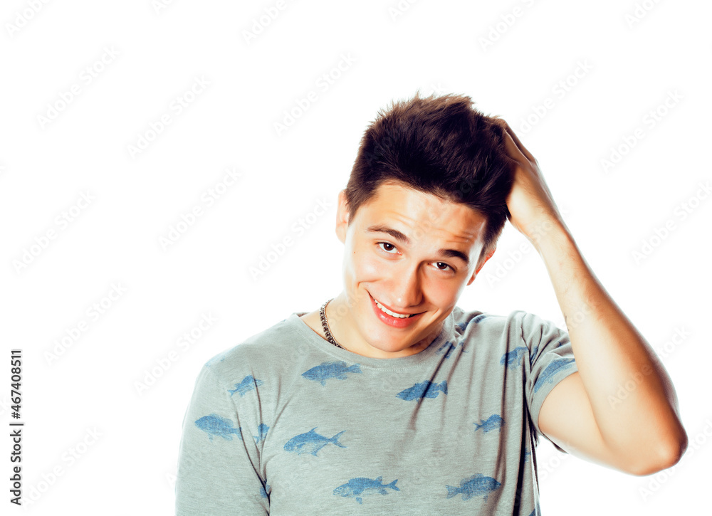 young attractive man isolated thinking emotional on white close up gesturing smiling, lifestyle people concept young attractive man isolated thinking emotional on white close up gesturing smiling, lifestyle people concept