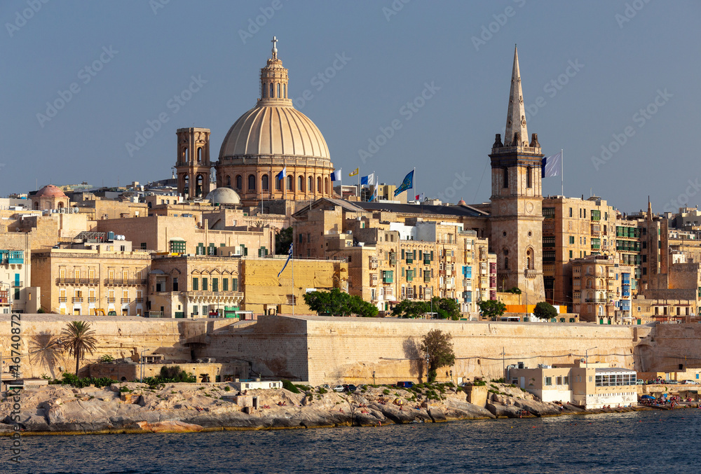 Malta. The coastline along Valletta and the harbor at sunrise.
