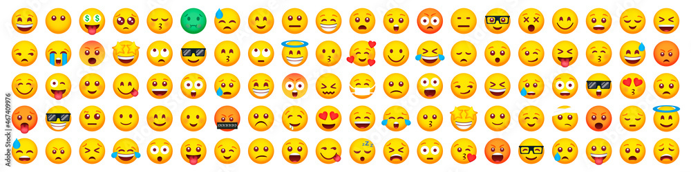 Big set of 100 emoticon smile icons. Cartoon emoji set. Vector emoticon set