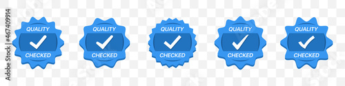 Quality checked badges label in blue with tick. Guarantee medal collection