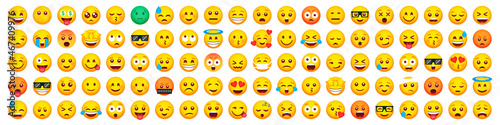 Big set of 100 emoticon smile icons. Cartoon emoji set. Vector emoticon set photo