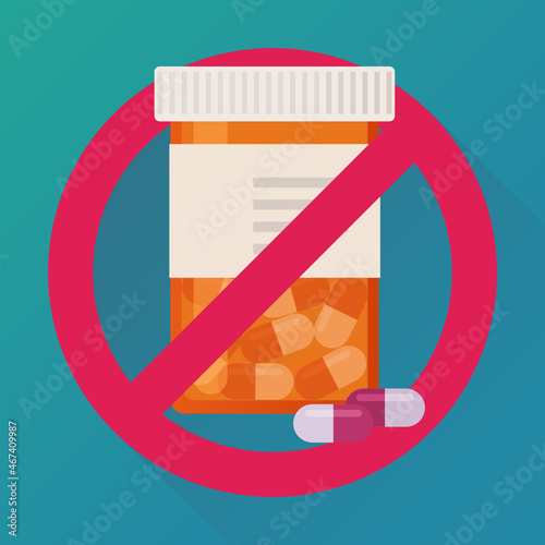 Orange medicine box with capsules crossed out by a prohibition symbol (flat design)