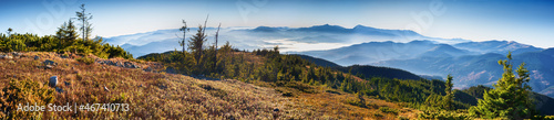 Bright Carpathian landscape in the morning light. The beauty of the Carpathian Mountains. Natural light. Panoramic view.  Vibrant photo wallpaper.