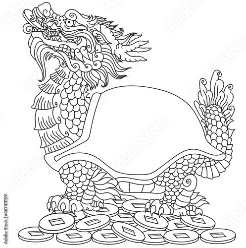 Dragon-headed Turtle or Tortoise sitting on a lot of coins. Mythological Chinese creature. Celestial Feng Shui animal. Side view. Black and white outline vector illustration